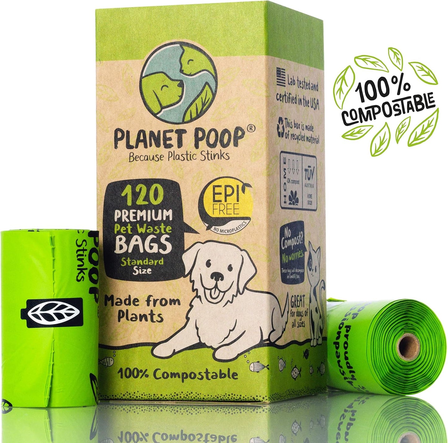 Home Compostable Dog Poop Bags on Refill Rolls, 120 Un-Scented Pet Waste Bags, Thick Leakproof Plant-Based Doggy Bag, Cat & Dogs Supplies