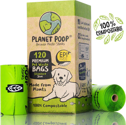 Home Compostable Dog Poop Bags on Refill Rolls, 120 Un-Scented Pet Waste Bags, Thick Leakproof Plant-Based Doggy Bag, Cat & Dogs Supplies