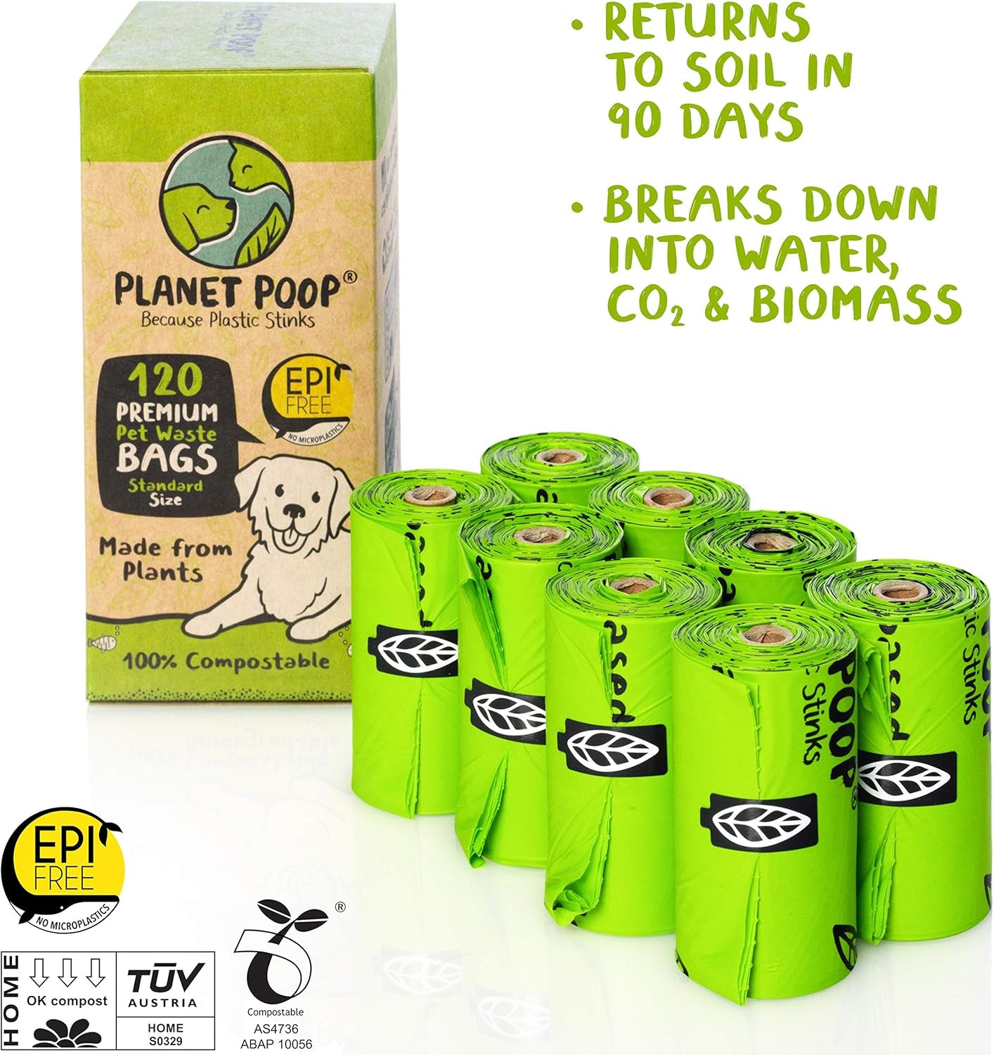 Home Compostable Dog Poop Bags on Refill Rolls, 120 Un-Scented Pet Waste Bags, Thick Leakproof Plant-Based Doggy Bag, Cat & Dogs Supplies