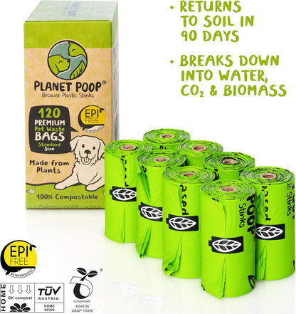Home Compostable Dog Poop Bags on Refill Rolls, 120 Un-Scented Pet Waste Bags, Thick Leakproof Plant-Based Doggy Bag, Cat & Dogs Supplies