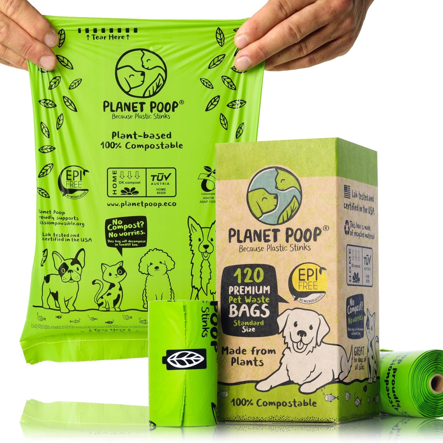 Home Compostable Dog Poop Bags on Refill Rolls, 120 Un-Scented Pet Waste Bags, Thick Leakproof Plant-Based Doggy Bag, Cat & Dogs Supplies